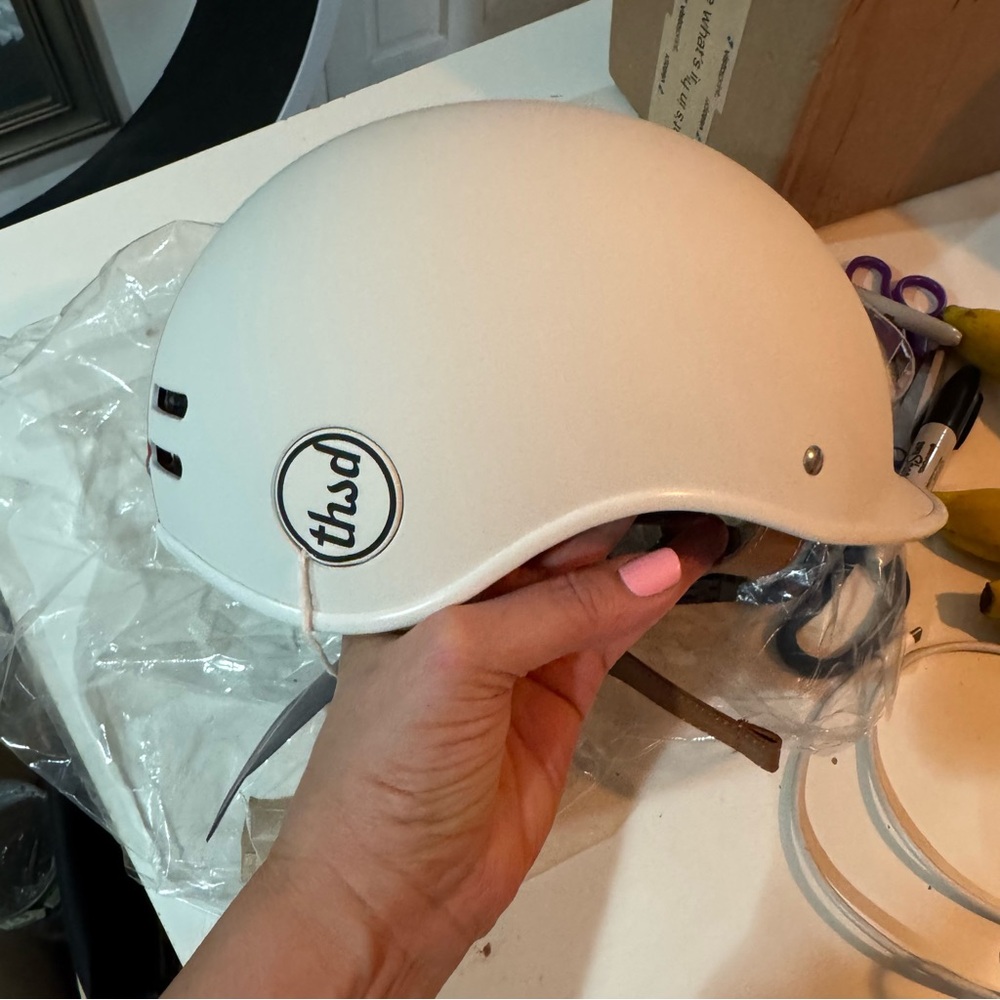 Thousand Medium Unisex White Helmet with Red and Blue Stripes - Picture 3 of 6